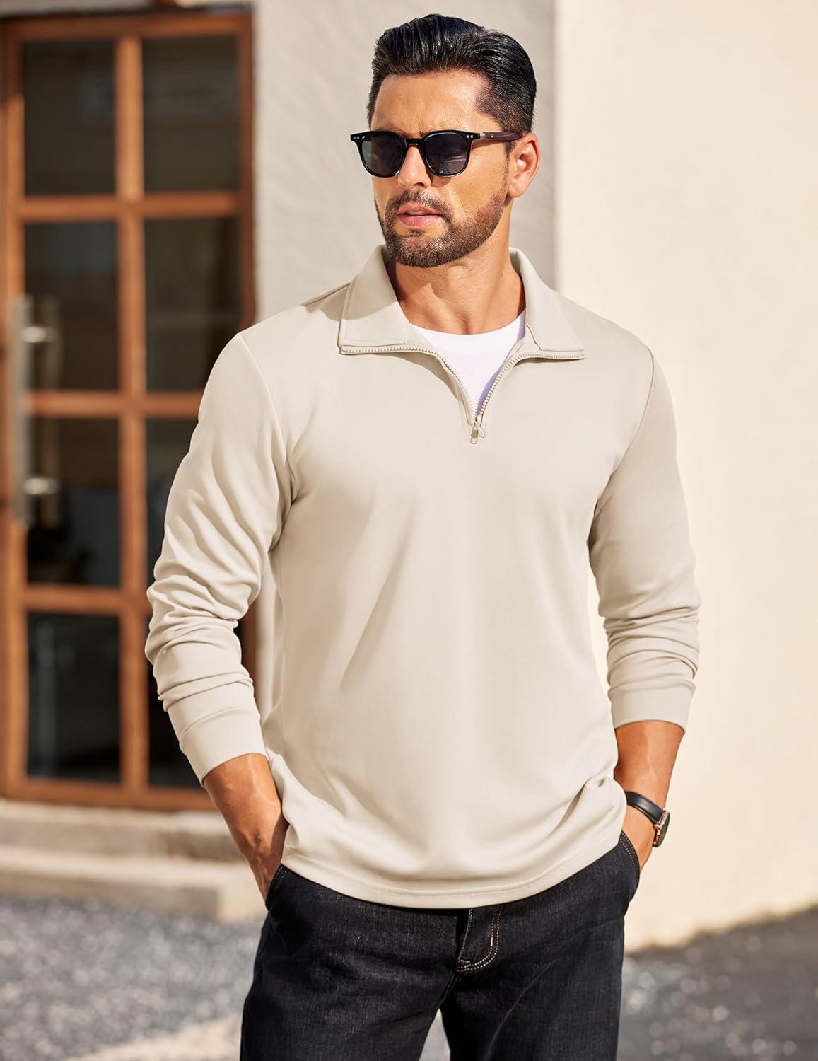 imageCOOFANDY Mens Quarter Zip Pullover Long Sleeve Casual 14 Zip Sweatshirt Lightweight Solid Mock Neck Sweater PoloBeige