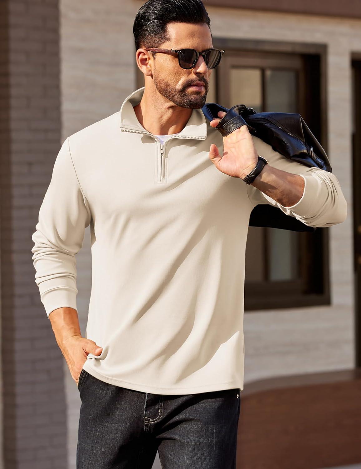 imageCOOFANDY Mens Quarter Zip Pullover Long Sleeve Casual 14 Zip Sweatshirt Lightweight Solid Mock Neck Sweater PoloBeige