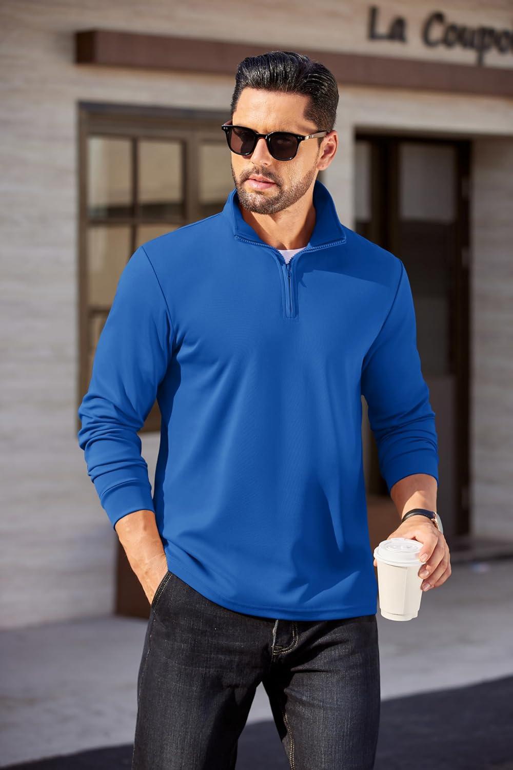 imageCOOFANDY Mens Quarter Zip Pullover Long Sleeve Casual 14 Zip Sweatshirt Lightweight Solid Mock Neck Sweater PoloBlue