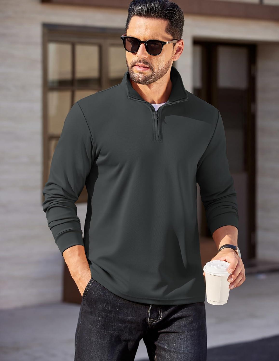 imageCOOFANDY Mens Quarter Zip Pullover Long Sleeve Casual 14 Zip Sweatshirt Lightweight Solid Mock Neck Sweater PoloDrak Grey