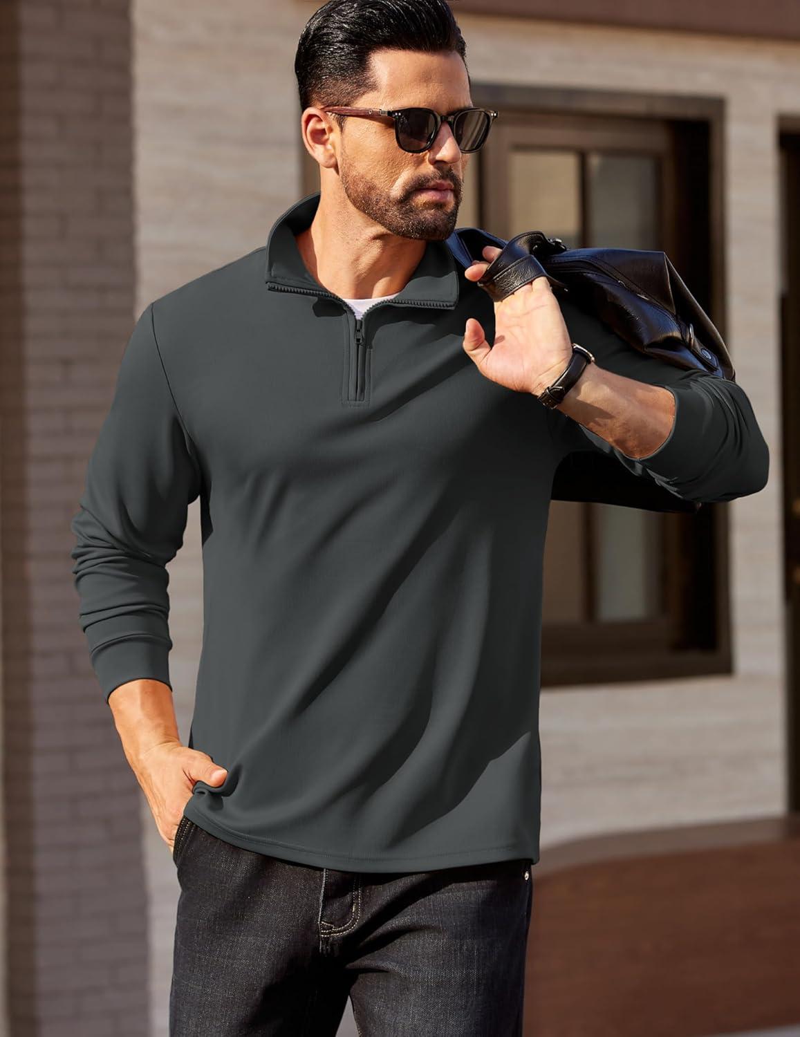 imageCOOFANDY Mens Quarter Zip Pullover Long Sleeve Casual 14 Zip Sweatshirt Lightweight Solid Mock Neck Sweater PoloDrak Grey