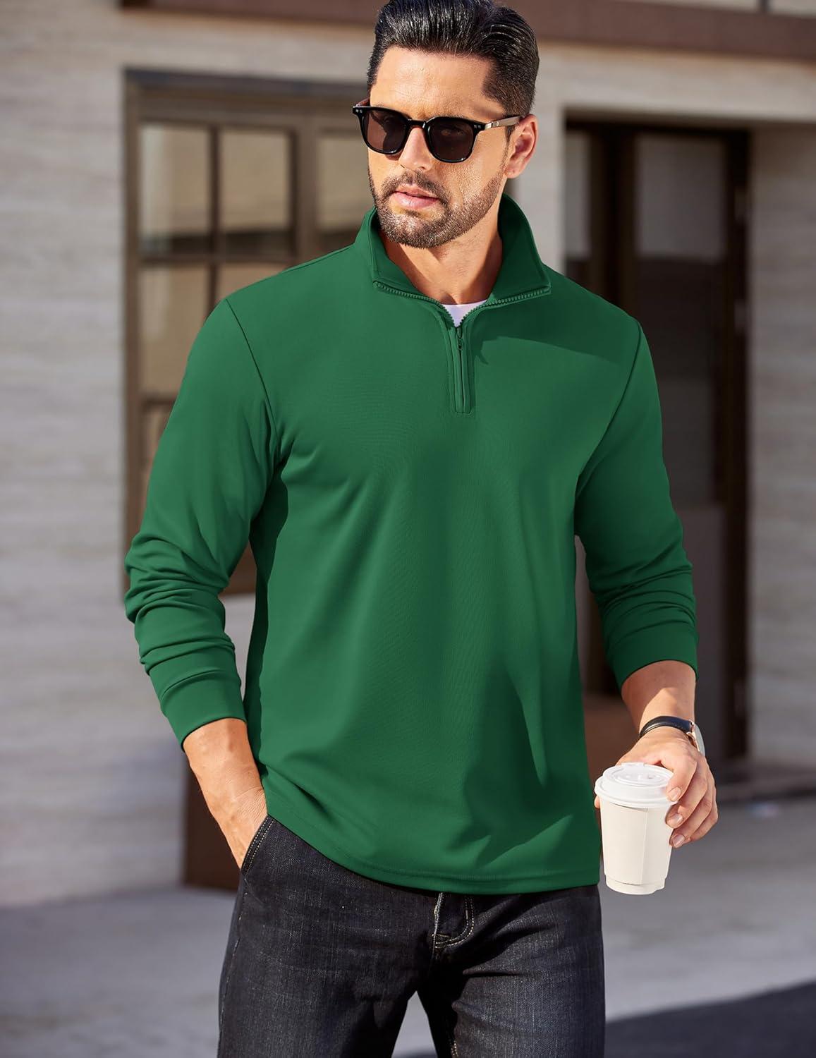 imageCOOFANDY Mens Quarter Zip Pullover Long Sleeve Casual 14 Zip Sweatshirt Lightweight Solid Mock Neck Sweater PoloGreen