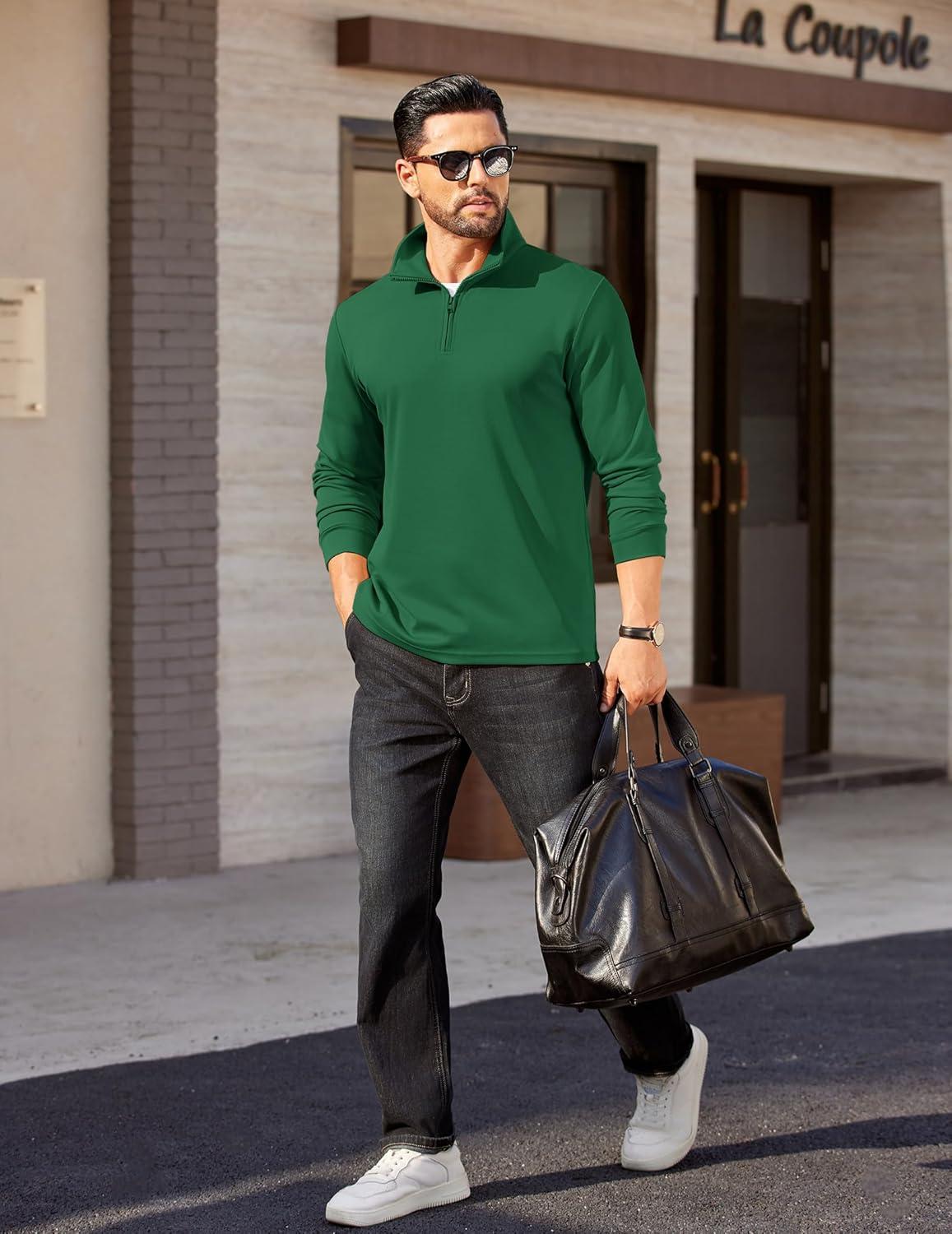 imageCOOFANDY Mens Quarter Zip Pullover Long Sleeve Casual 14 Zip Sweatshirt Lightweight Solid Mock Neck Sweater PoloGreen