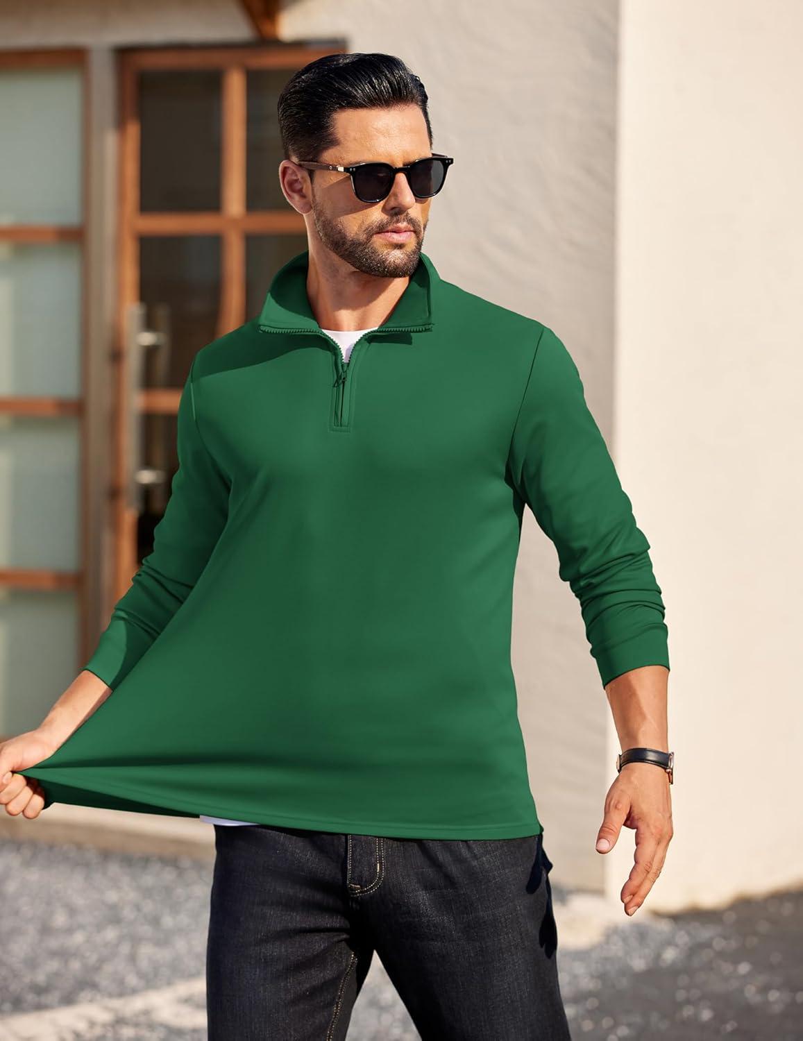 imageCOOFANDY Mens Quarter Zip Pullover Long Sleeve Casual 14 Zip Sweatshirt Lightweight Solid Mock Neck Sweater PoloGreen