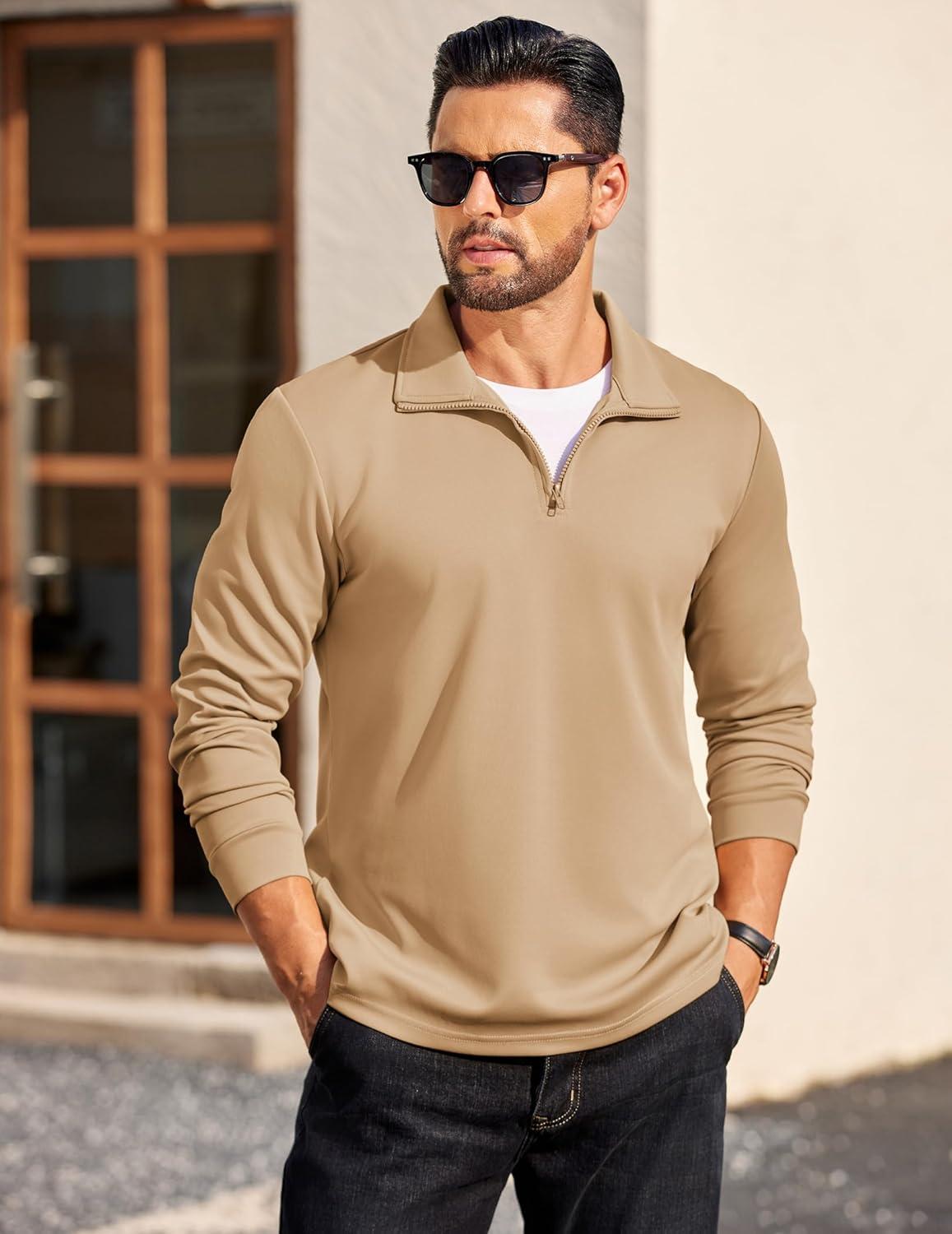 imageCOOFANDY Mens Quarter Zip Pullover Long Sleeve Casual 14 Zip Sweatshirt Lightweight Solid Mock Neck Sweater PoloKhaki