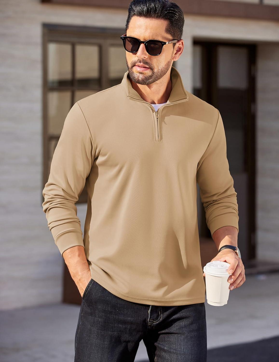 imageCOOFANDY Mens Quarter Zip Pullover Long Sleeve Casual 14 Zip Sweatshirt Lightweight Solid Mock Neck Sweater PoloKhaki