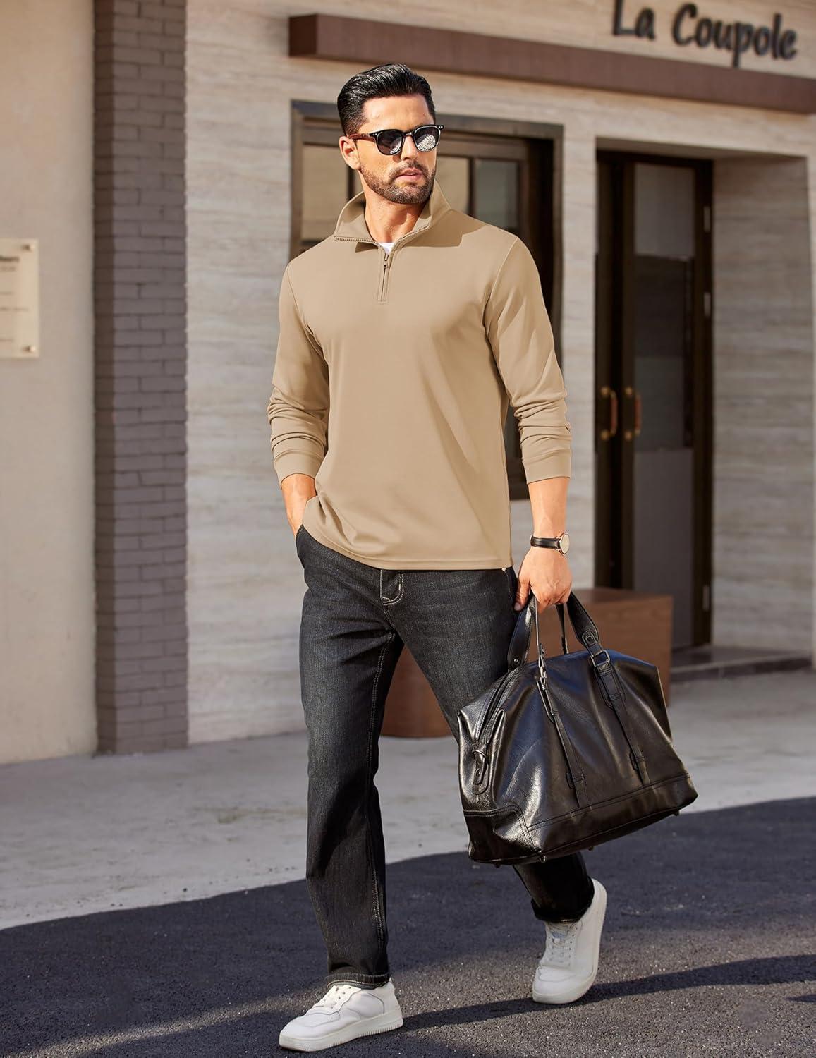 imageCOOFANDY Mens Quarter Zip Pullover Long Sleeve Casual 14 Zip Sweatshirt Lightweight Solid Mock Neck Sweater PoloKhaki