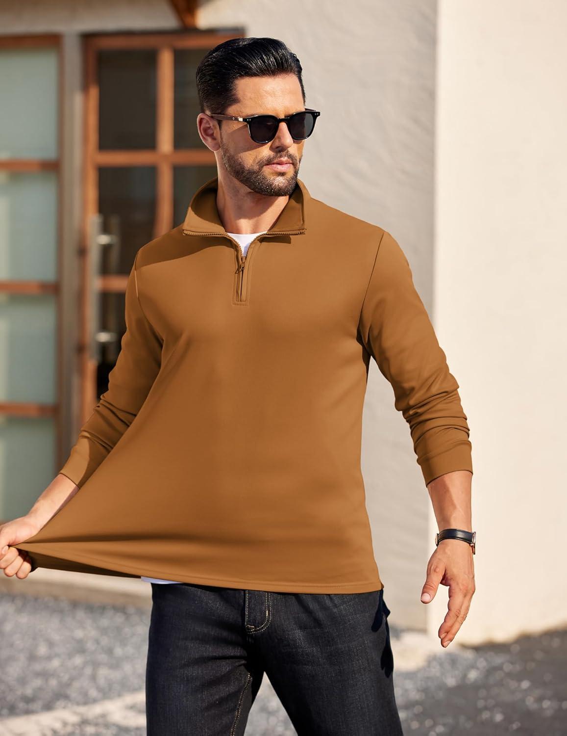 imageCOOFANDY Mens Quarter Zip Pullover Long Sleeve Casual 14 Zip Sweatshirt Lightweight Solid Mock Neck Sweater PoloLight Brown