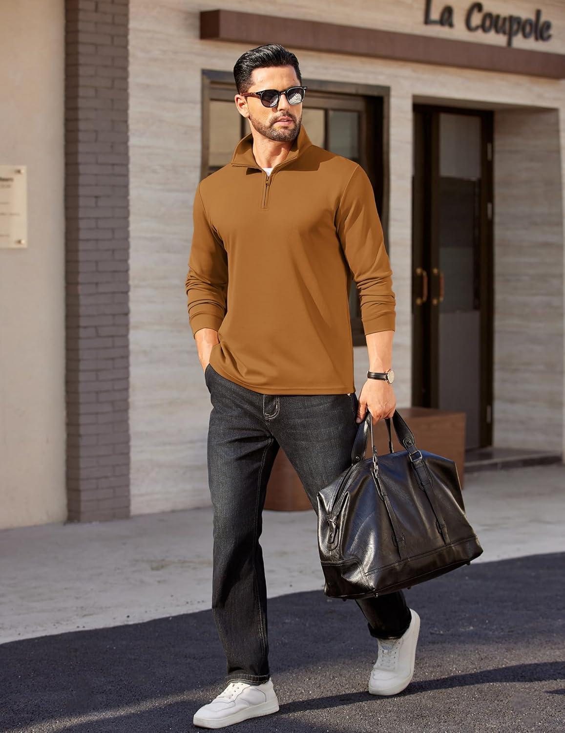 imageCOOFANDY Mens Quarter Zip Pullover Long Sleeve Casual 14 Zip Sweatshirt Lightweight Solid Mock Neck Sweater PoloLight Brown