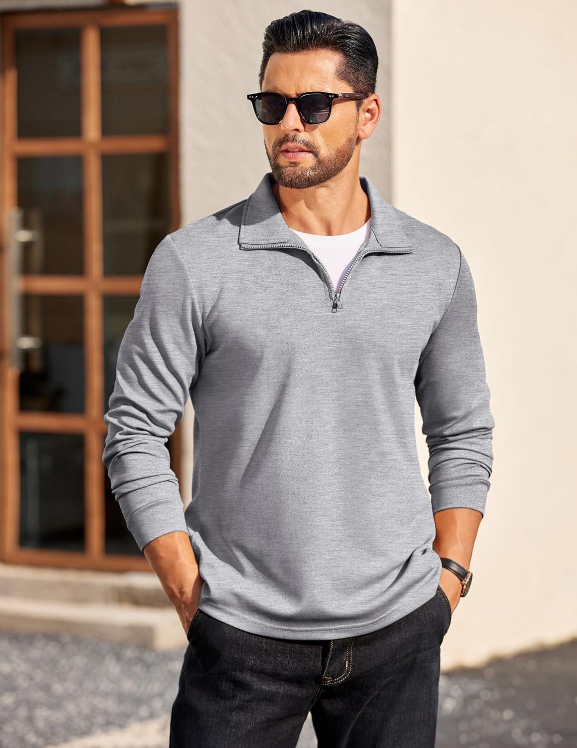 imageCOOFANDY Mens Quarter Zip Pullover Long Sleeve Casual 14 Zip Sweatshirt Lightweight Solid Mock Neck Sweater PoloLight Grey Heather