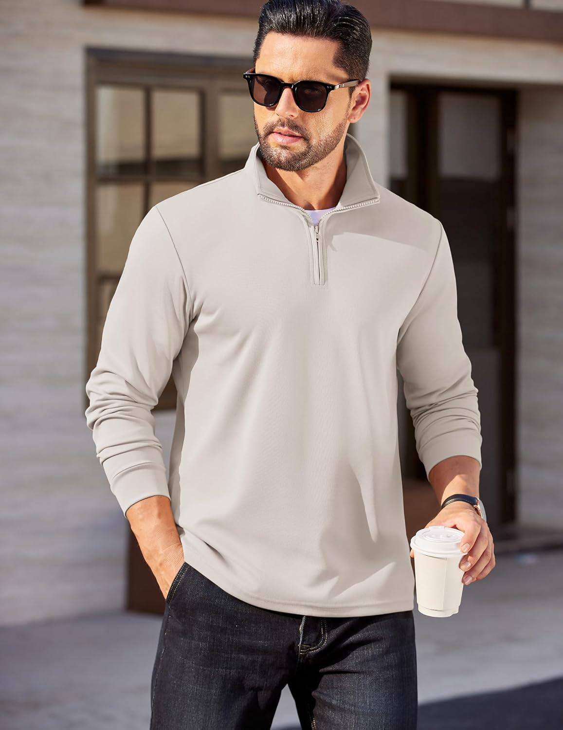 imageCOOFANDY Mens Quarter Zip Pullover Long Sleeve Casual 14 Zip Sweatshirt Lightweight Solid Mock Neck Sweater PoloLight Khaki