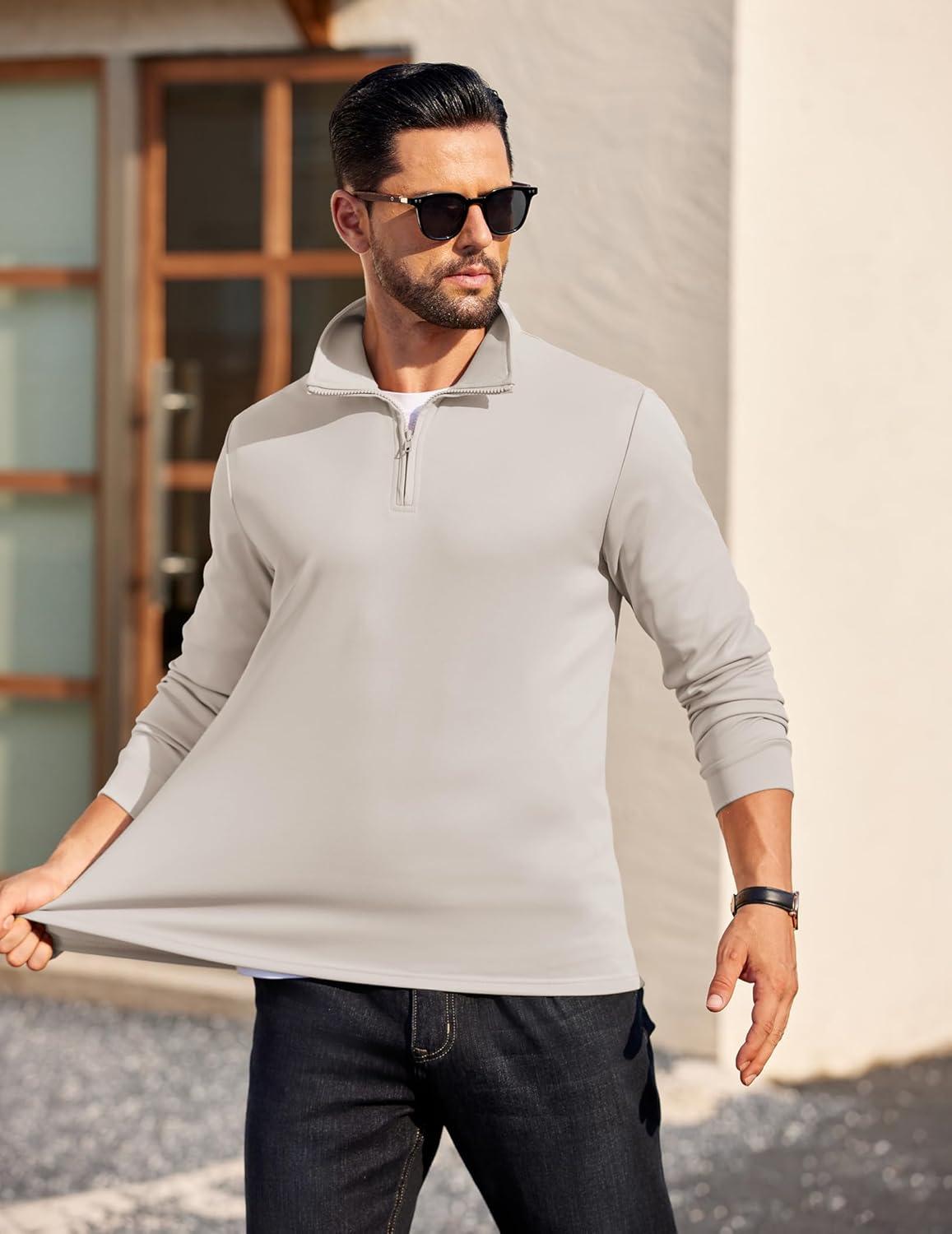 imageCOOFANDY Mens Quarter Zip Pullover Long Sleeve Casual 14 Zip Sweatshirt Lightweight Solid Mock Neck Sweater PoloLight Khaki