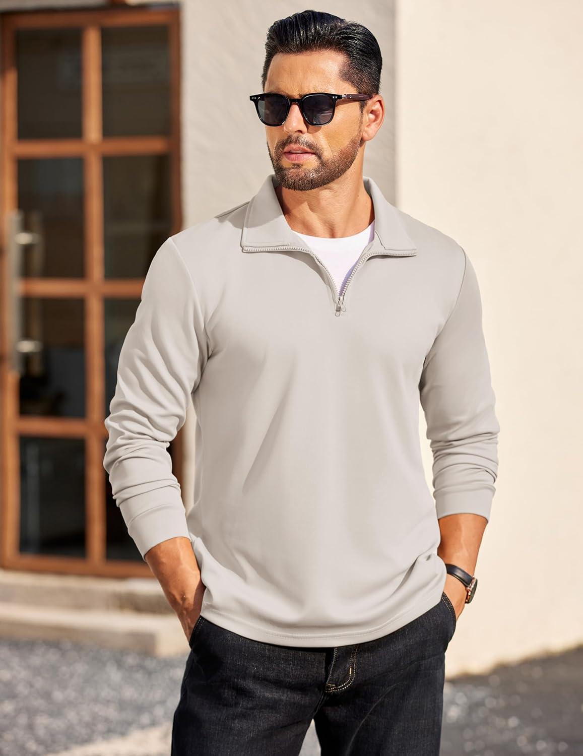 imageCOOFANDY Mens Quarter Zip Pullover Long Sleeve Casual 14 Zip Sweatshirt Lightweight Solid Mock Neck Sweater PoloLight Khaki