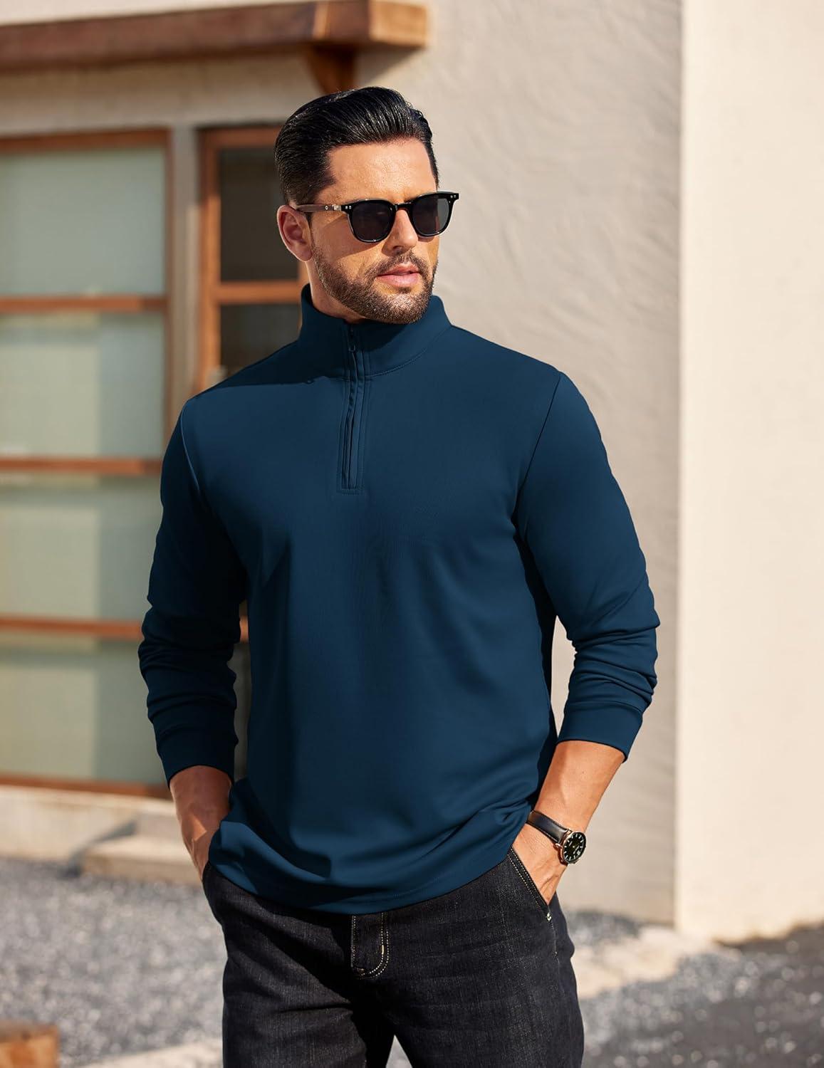 imageCOOFANDY Mens Quarter Zip Pullover Long Sleeve Casual 14 Zip Sweatshirt Lightweight Solid Mock Neck Sweater PoloNavy Blue