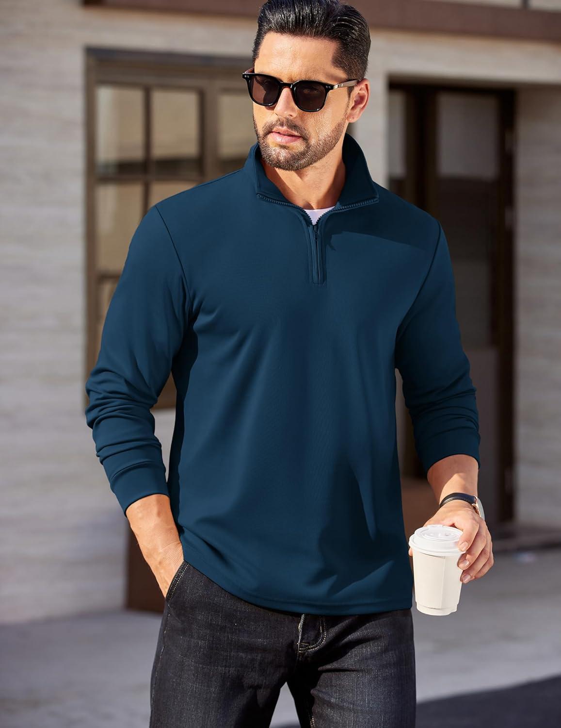 imageCOOFANDY Mens Quarter Zip Pullover Long Sleeve Casual 14 Zip Sweatshirt Lightweight Solid Mock Neck Sweater PoloNavy Blue