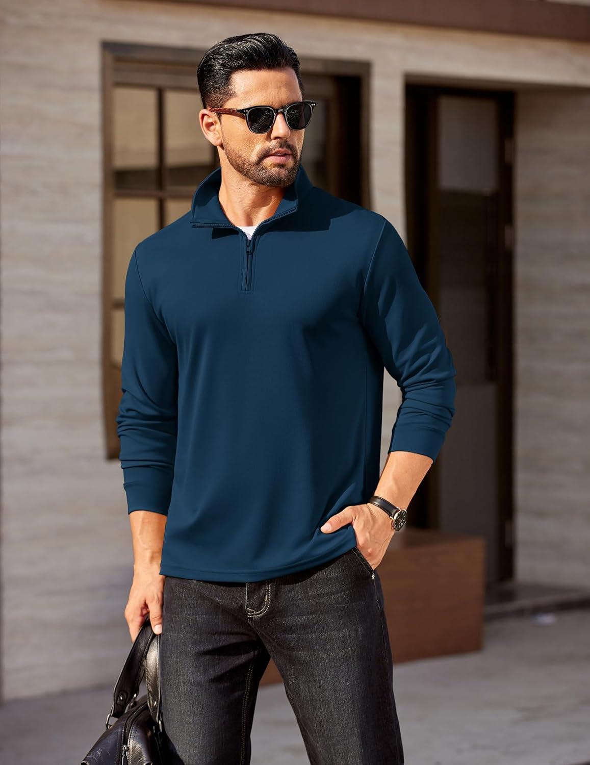 imageCOOFANDY Mens Quarter Zip Pullover Long Sleeve Casual 14 Zip Sweatshirt Lightweight Solid Mock Neck Sweater PoloNavy Blue