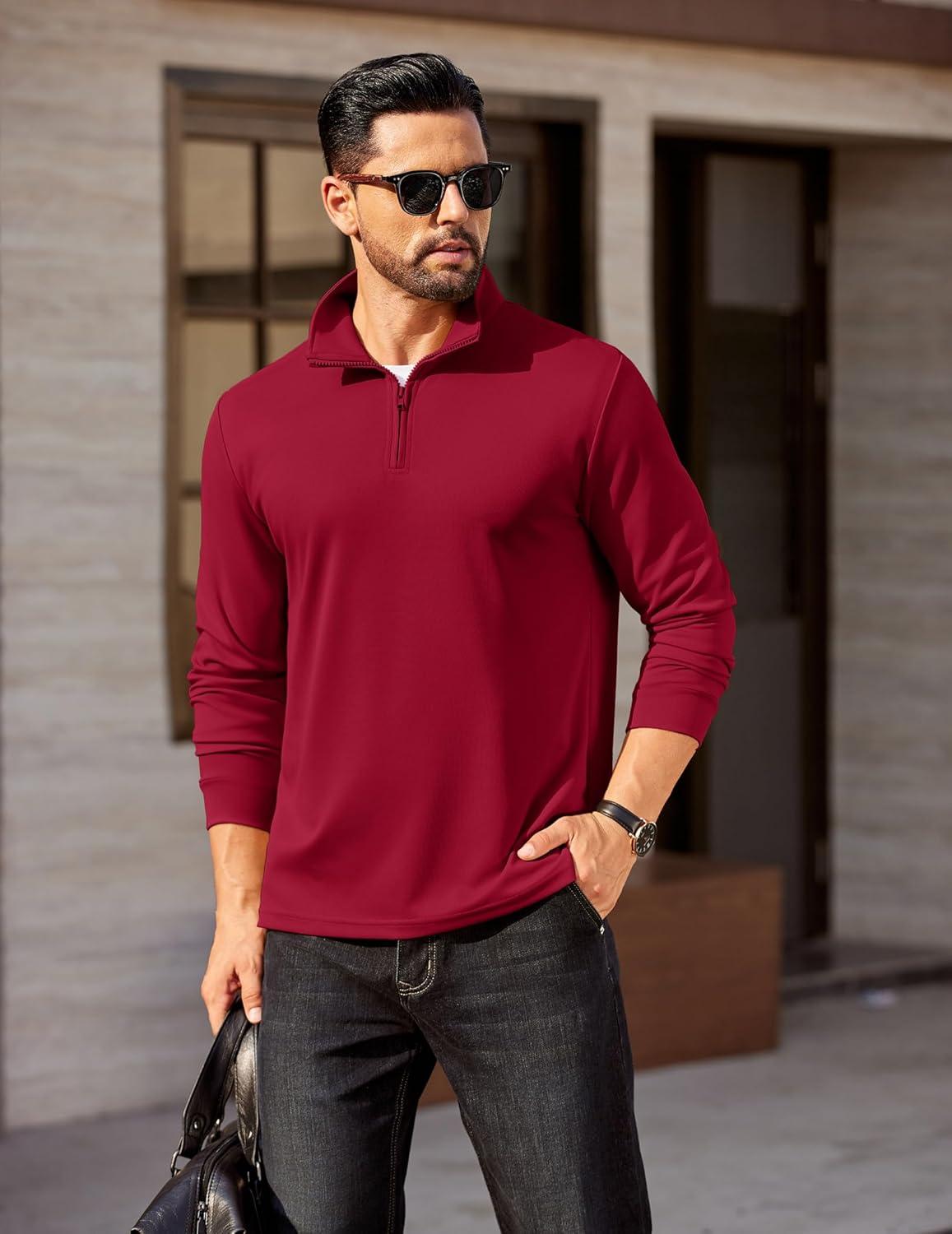 imageCOOFANDY Mens Quarter Zip Pullover Long Sleeve Casual 14 Zip Sweatshirt Lightweight Solid Mock Neck Sweater PoloRed