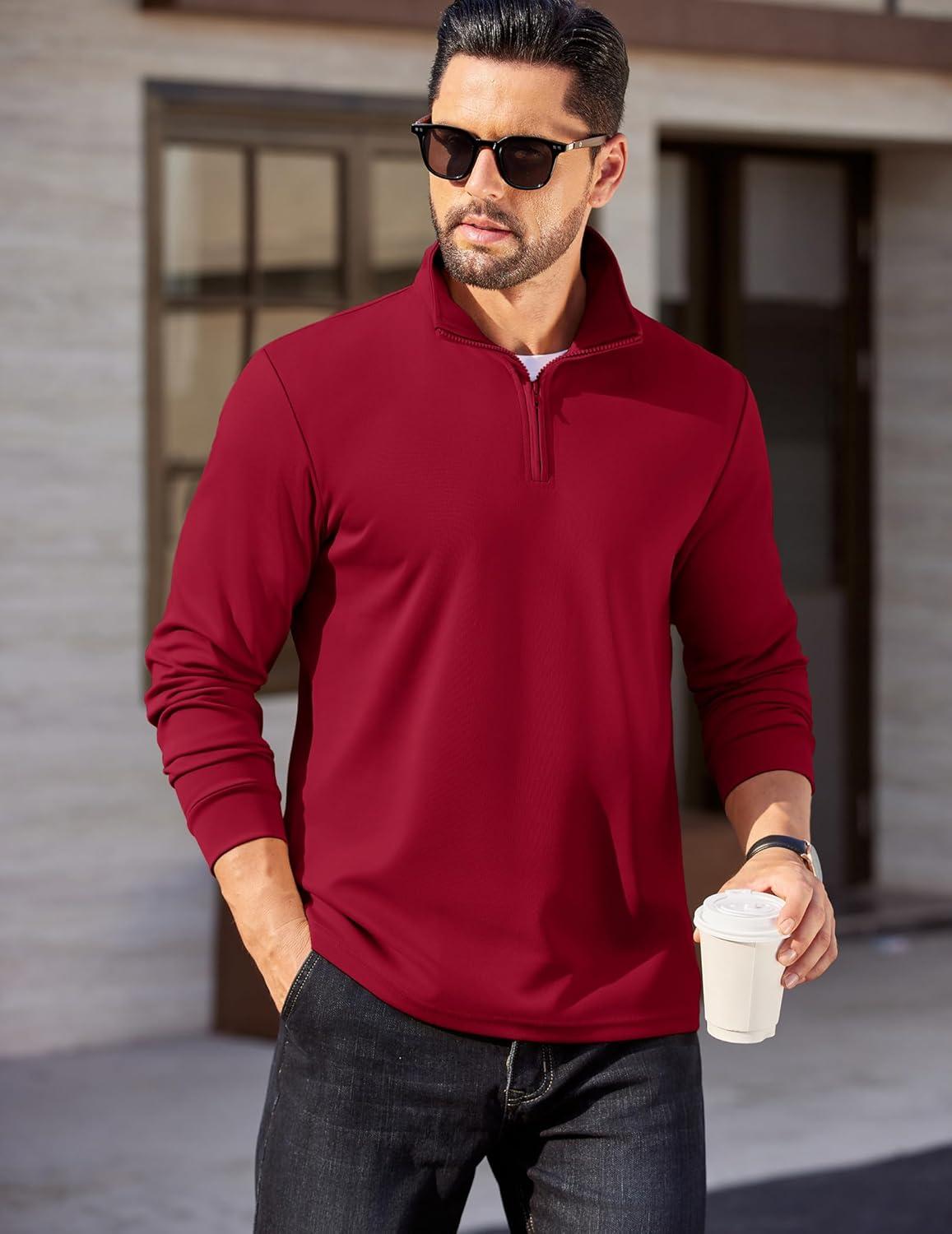 imageCOOFANDY Mens Quarter Zip Pullover Long Sleeve Casual 14 Zip Sweatshirt Lightweight Solid Mock Neck Sweater PoloRed