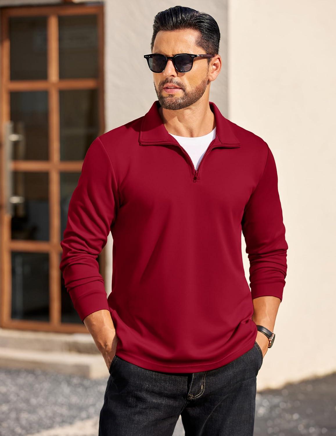 imageCOOFANDY Mens Quarter Zip Pullover Long Sleeve Casual 14 Zip Sweatshirt Lightweight Solid Mock Neck Sweater PoloRed
