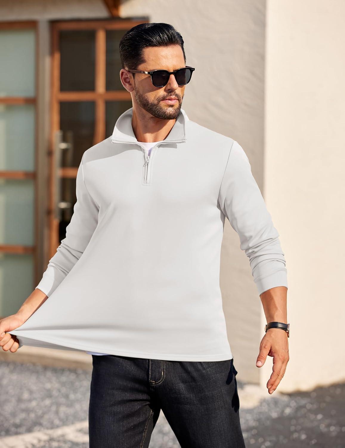 imageCOOFANDY Mens Quarter Zip Pullover Long Sleeve Casual 14 Zip Sweatshirt Lightweight Solid Mock Neck Sweater PoloWhite