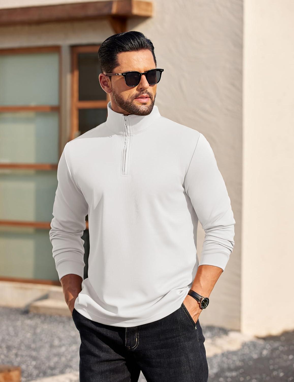 imageCOOFANDY Mens Quarter Zip Pullover Long Sleeve Casual 14 Zip Sweatshirt Lightweight Solid Mock Neck Sweater PoloWhite