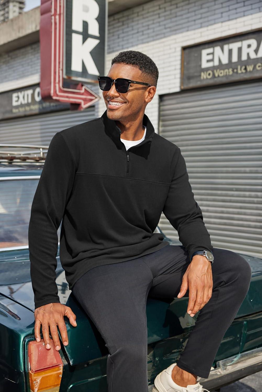 imageCOOFANDY Mens Quarter Zip Pullover Long Sleeve Mock Turtleneck Sweatshirts Thermal Workout Golf Polo ShirtBlack