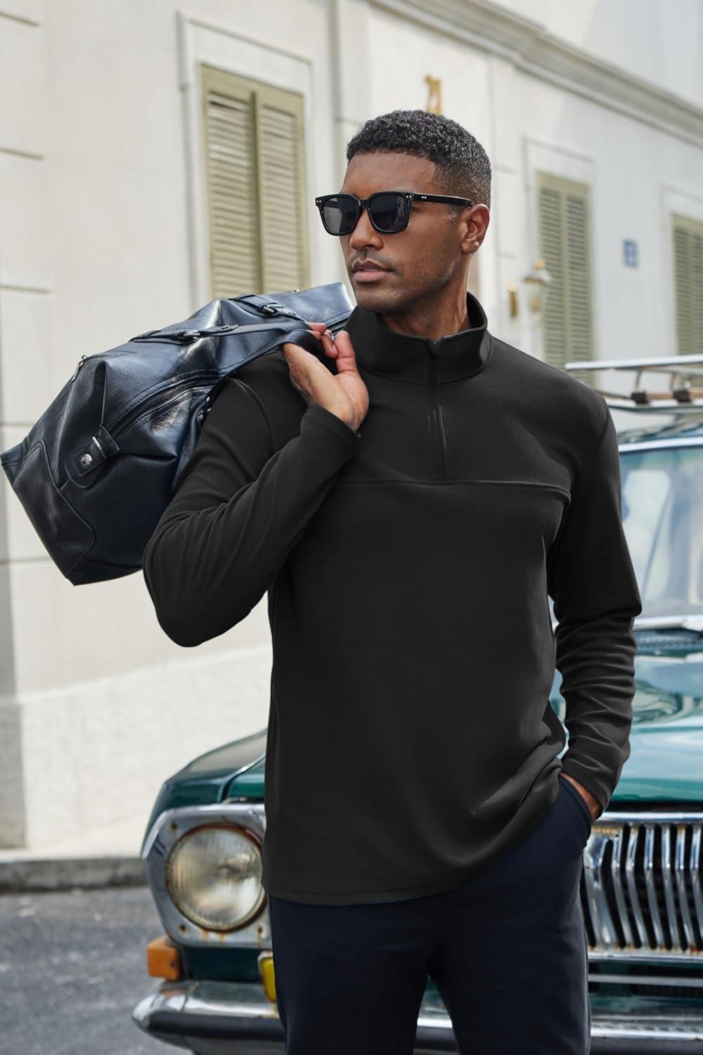 imageCOOFANDY Mens Quarter Zip Pullover Long Sleeve Mock Turtleneck Sweatshirts Thermal Workout Golf Polo ShirtBlack