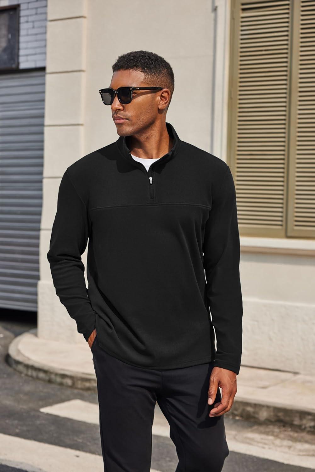 imageCOOFANDY Mens Quarter Zip Pullover Long Sleeve Mock Turtleneck Sweatshirts Thermal Workout Golf Polo ShirtBlack