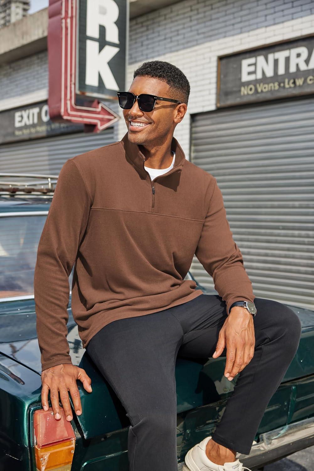 imageCOOFANDY Mens Quarter Zip Pullover Long Sleeve Mock Turtleneck Sweatshirts Thermal Workout Golf Polo ShirtBrown