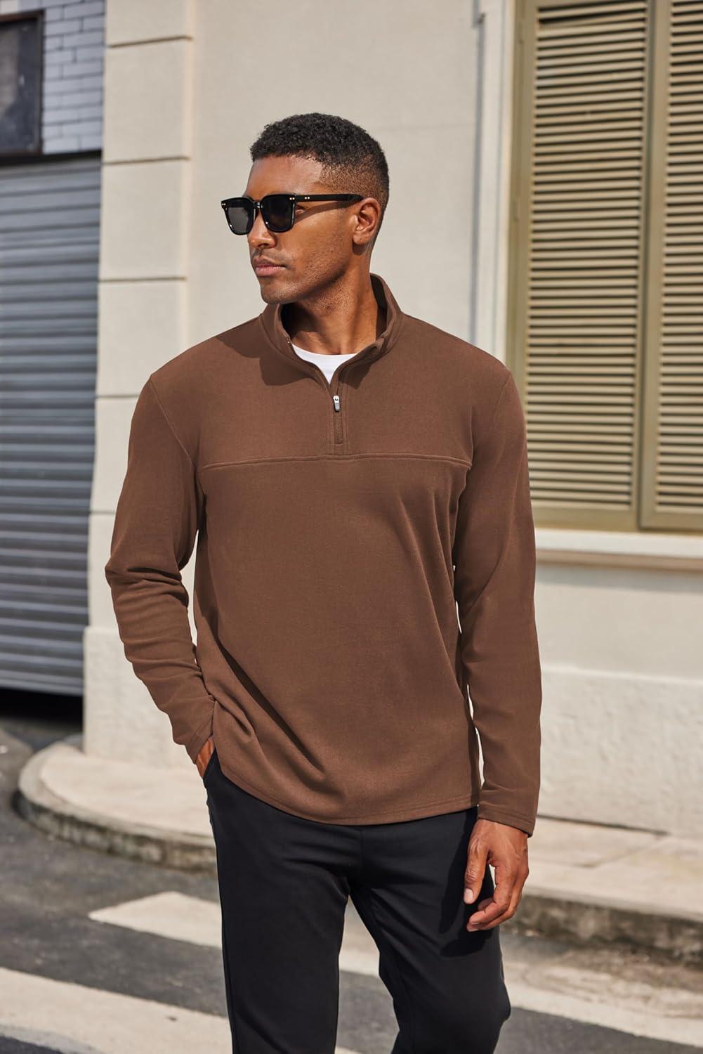 imageCOOFANDY Mens Quarter Zip Pullover Long Sleeve Mock Turtleneck Sweatshirts Thermal Workout Golf Polo ShirtBrown