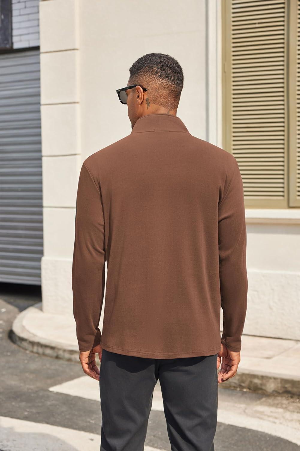 imageCOOFANDY Mens Quarter Zip Pullover Long Sleeve Mock Turtleneck Sweatshirts Thermal Workout Golf Polo ShirtBrown