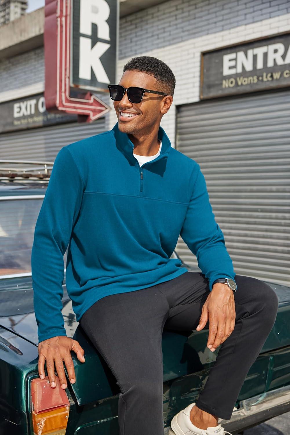 imageCOOFANDY Mens Quarter Zip Pullover Long Sleeve Mock Turtleneck Sweatshirts Thermal Workout Golf Polo ShirtDark Blue