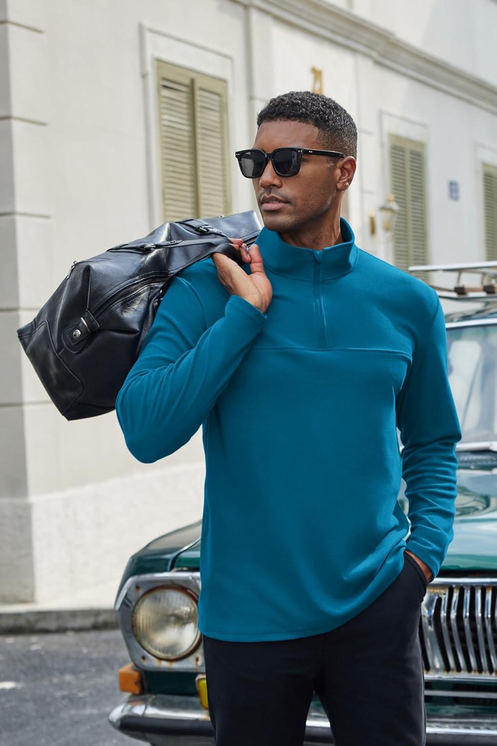 imageCOOFANDY Mens Quarter Zip Pullover Long Sleeve Mock Turtleneck Sweatshirts Thermal Workout Golf Polo ShirtDark Blue