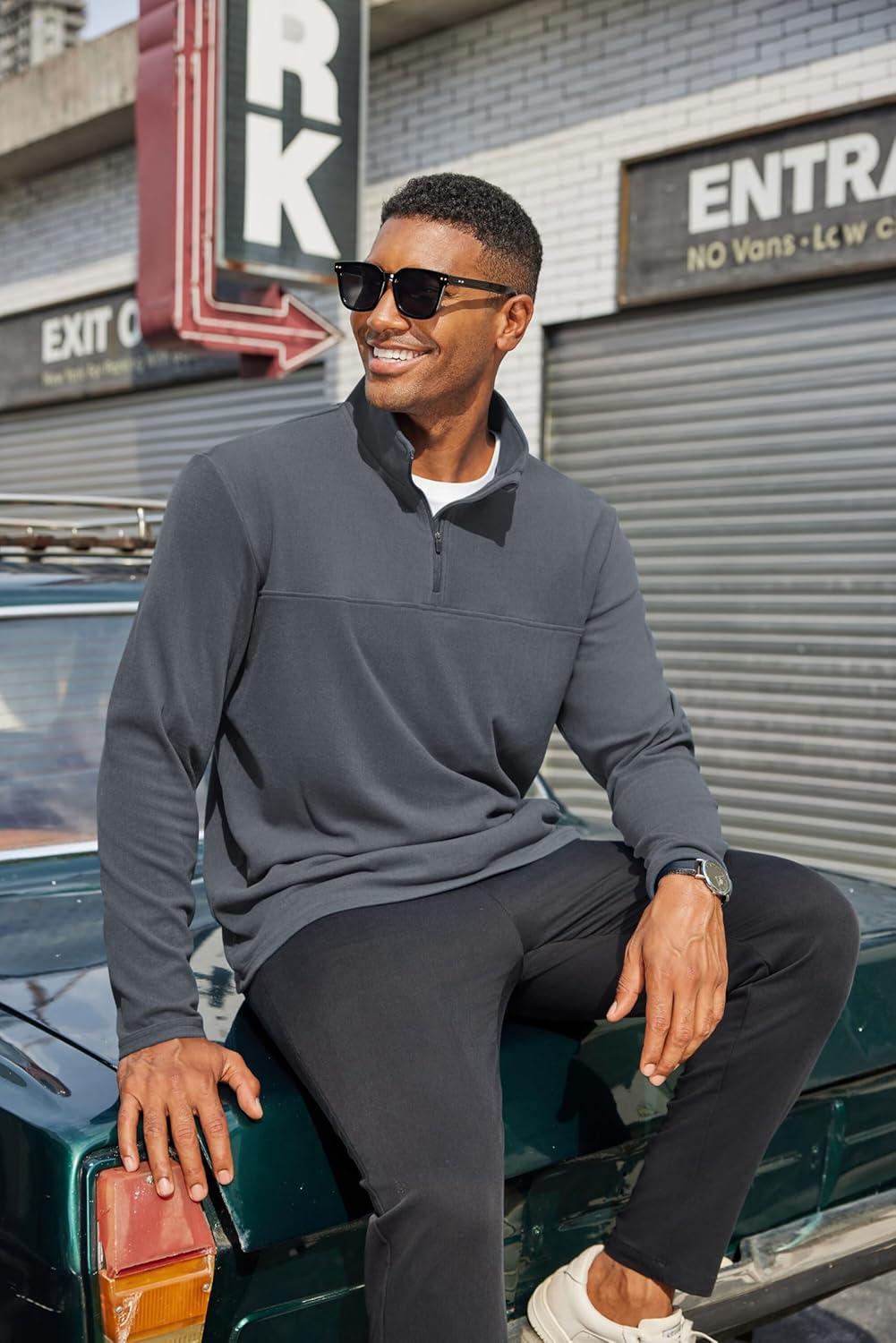 imageCOOFANDY Mens Quarter Zip Pullover Long Sleeve Mock Turtleneck Sweatshirts Thermal Workout Golf Polo ShirtDeep Grey