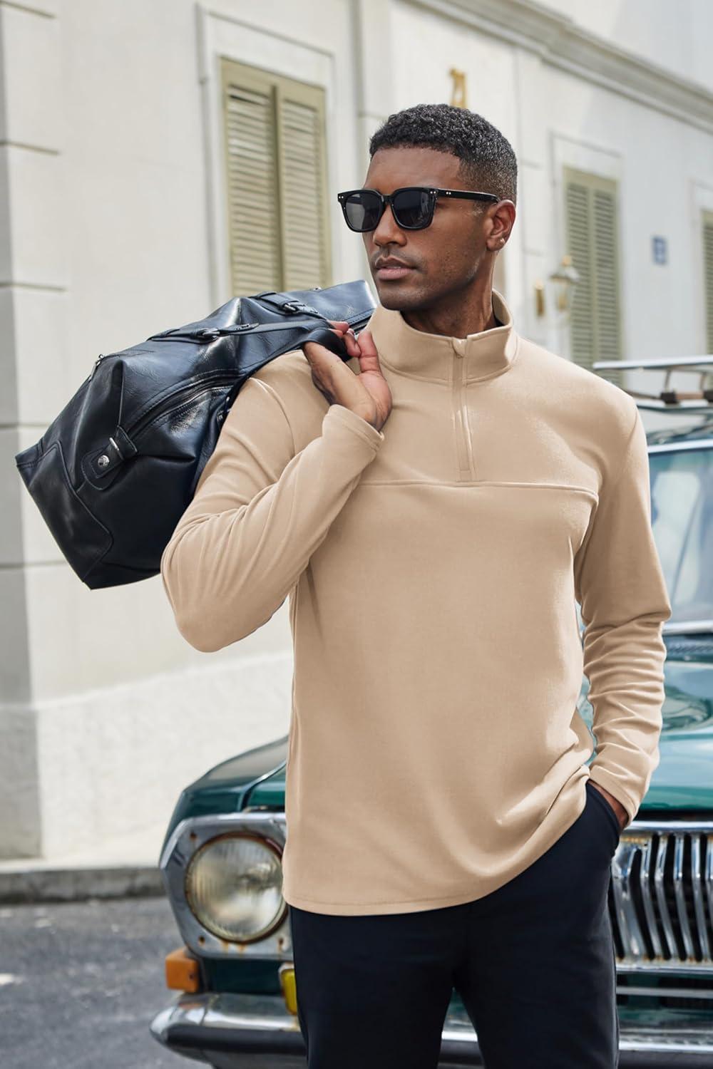 imageCOOFANDY Mens Quarter Zip Pullover Long Sleeve Mock Turtleneck Sweatshirts Thermal Workout Golf Polo ShirtKhaki