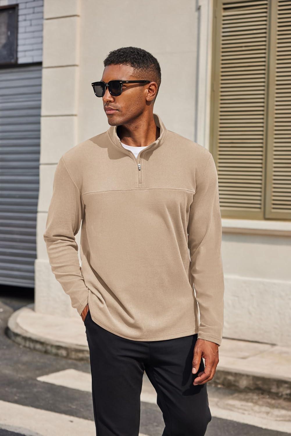imageCOOFANDY Mens Quarter Zip Pullover Long Sleeve Mock Turtleneck Sweatshirts Thermal Workout Golf Polo ShirtKhaki