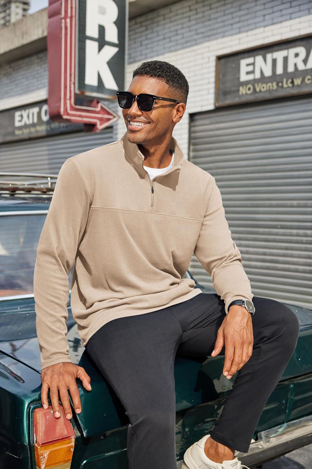 imageCOOFANDY Mens Quarter Zip Pullover Long Sleeve Mock Turtleneck Sweatshirts Thermal Workout Golf Polo ShirtKhaki