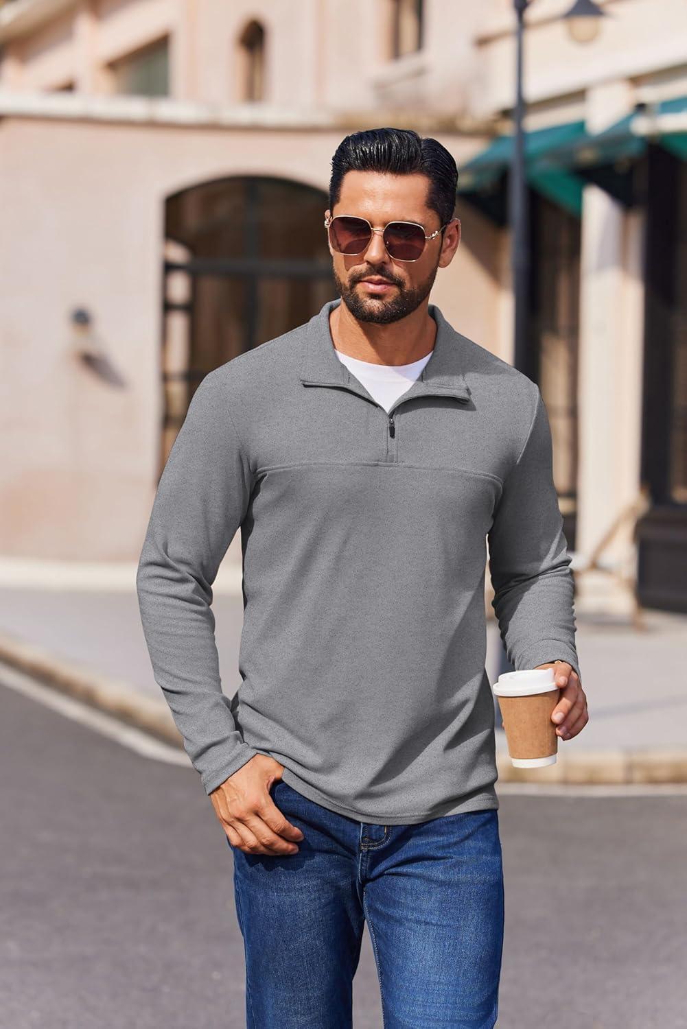 imageCOOFANDY Mens Quarter Zip Pullover Long Sleeve Mock Turtleneck Sweatshirts Thermal Workout Golf Polo ShirtLight Grey