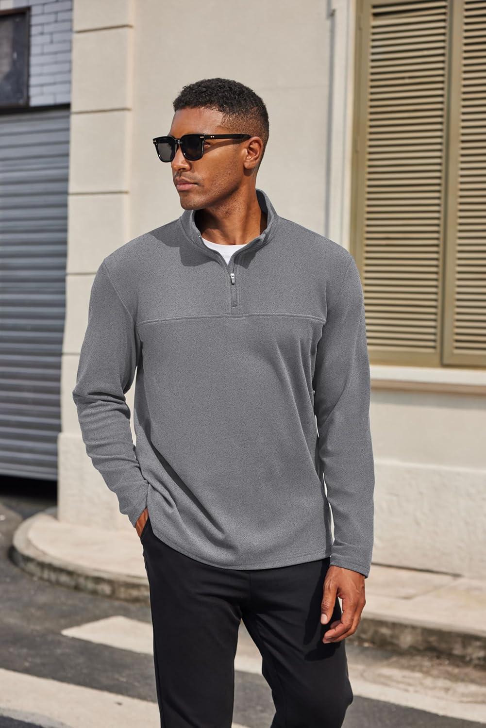 imageCOOFANDY Mens Quarter Zip Pullover Long Sleeve Mock Turtleneck Sweatshirts Thermal Workout Golf Polo ShirtLight Grey