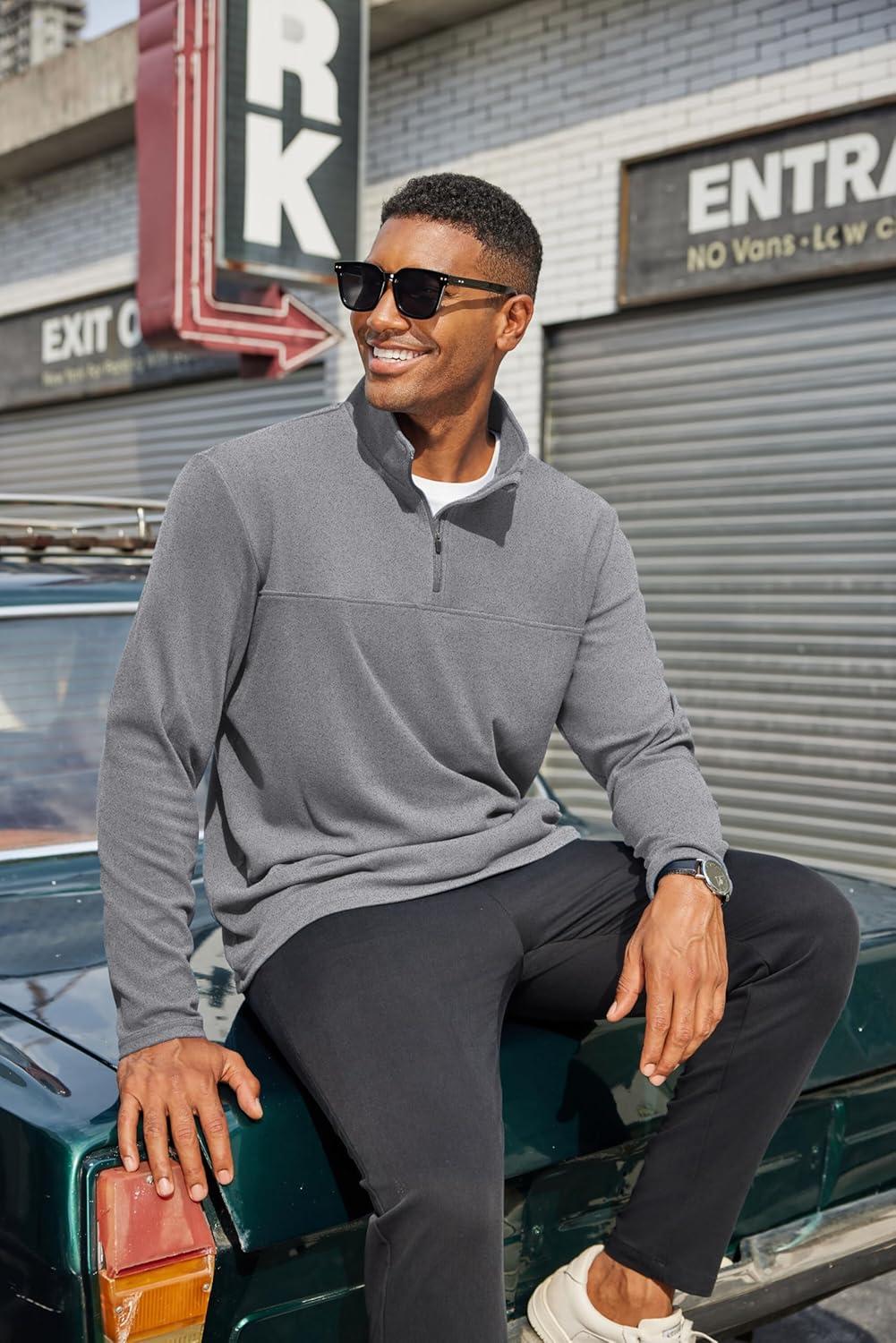 imageCOOFANDY Mens Quarter Zip Pullover Long Sleeve Mock Turtleneck Sweatshirts Thermal Workout Golf Polo ShirtLight Grey