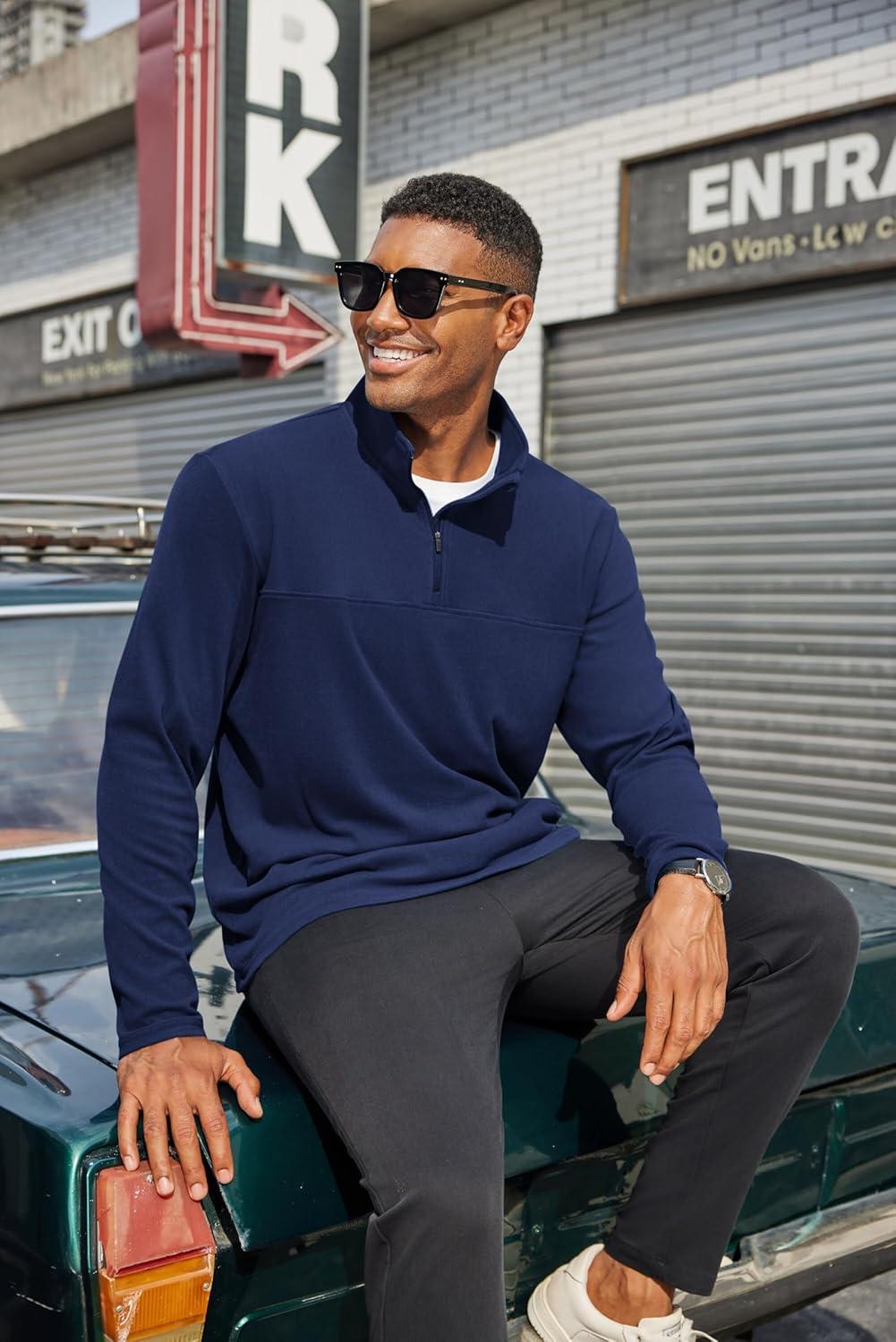 imageCOOFANDY Mens Quarter Zip Pullover Long Sleeve Mock Turtleneck Sweatshirts Thermal Workout Golf Polo ShirtNavy Blue