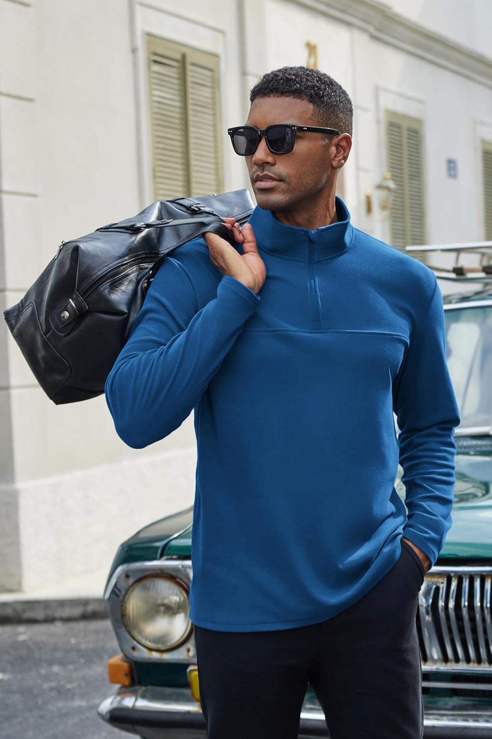 imageCOOFANDY Mens Quarter Zip Pullover Long Sleeve Mock Turtleneck Sweatshirts Thermal Workout Golf Polo ShirtRoyal Blue