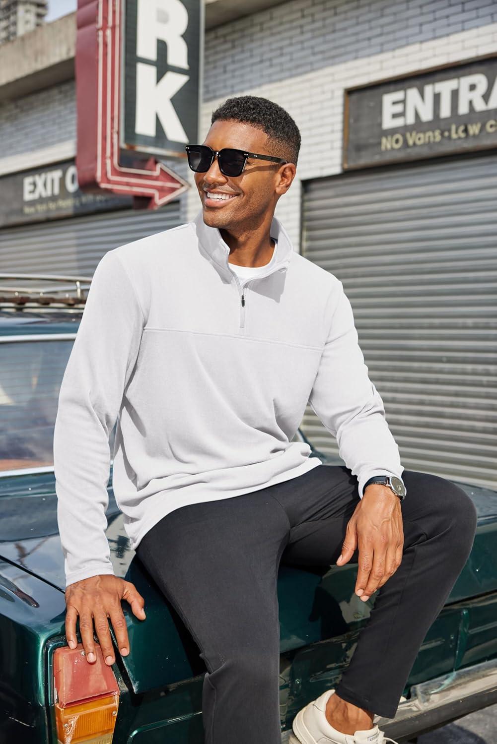imageCOOFANDY Mens Quarter Zip Pullover Long Sleeve Mock Turtleneck Sweatshirts Thermal Workout Golf Polo ShirtWhite