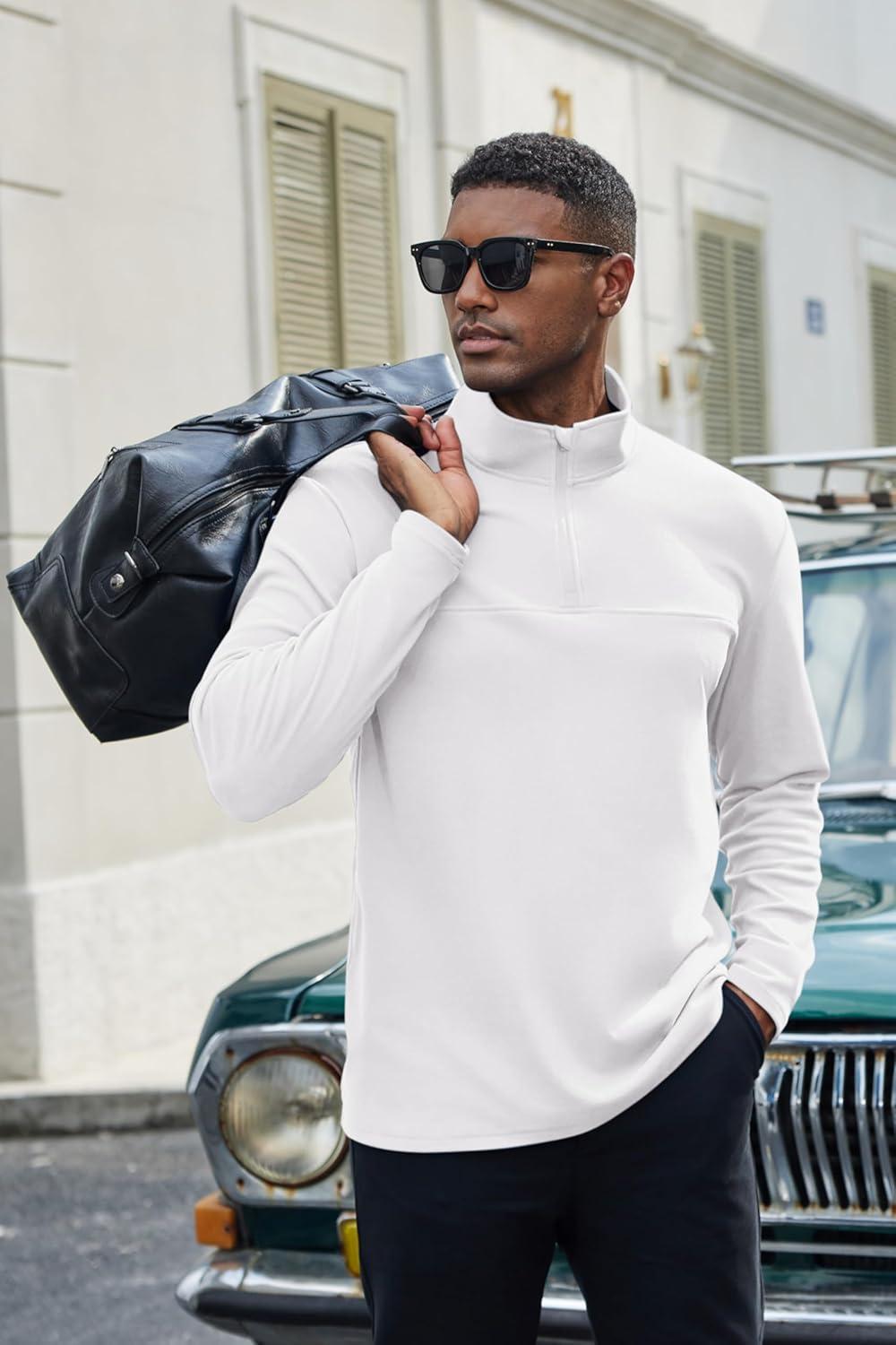 imageCOOFANDY Mens Quarter Zip Pullover Long Sleeve Mock Turtleneck Sweatshirts Thermal Workout Golf Polo ShirtWhite