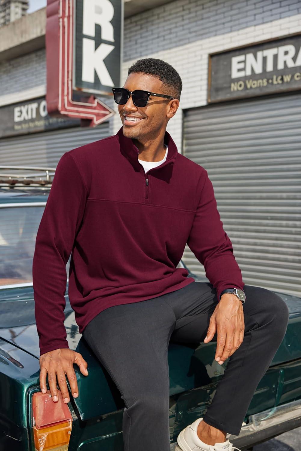 imageCOOFANDY Mens Quarter Zip Pullover Long Sleeve Mock Turtleneck Sweatshirts Thermal Workout Golf Polo ShirtWine Red