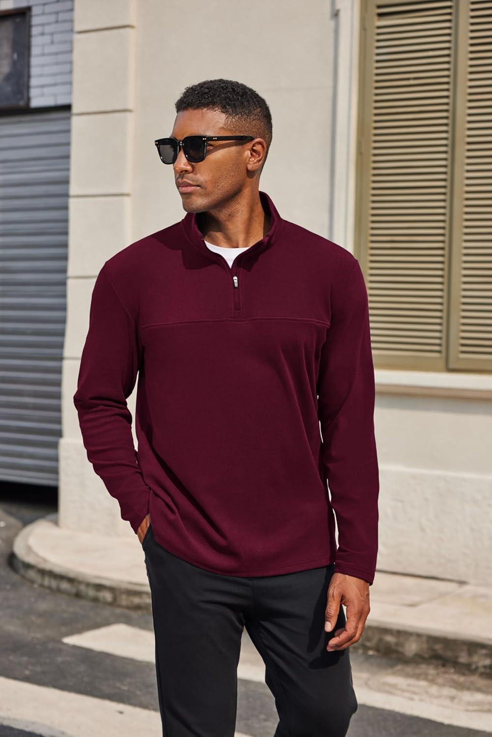 imageCOOFANDY Mens Quarter Zip Pullover Long Sleeve Mock Turtleneck Sweatshirts Thermal Workout Golf Polo ShirtWine Red