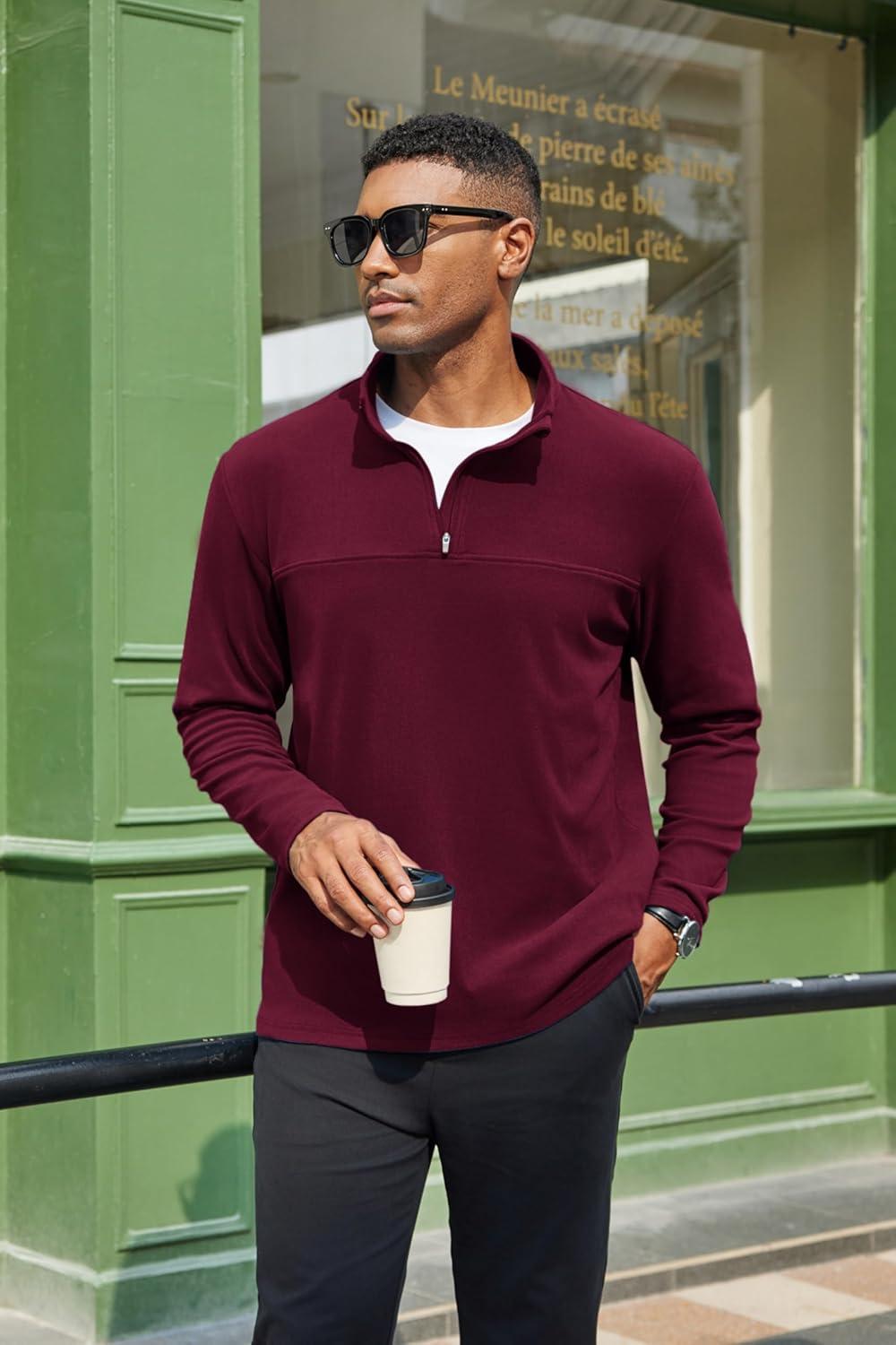 imageCOOFANDY Mens Quarter Zip Pullover Long Sleeve Mock Turtleneck Sweatshirts Thermal Workout Golf Polo ShirtWine Red