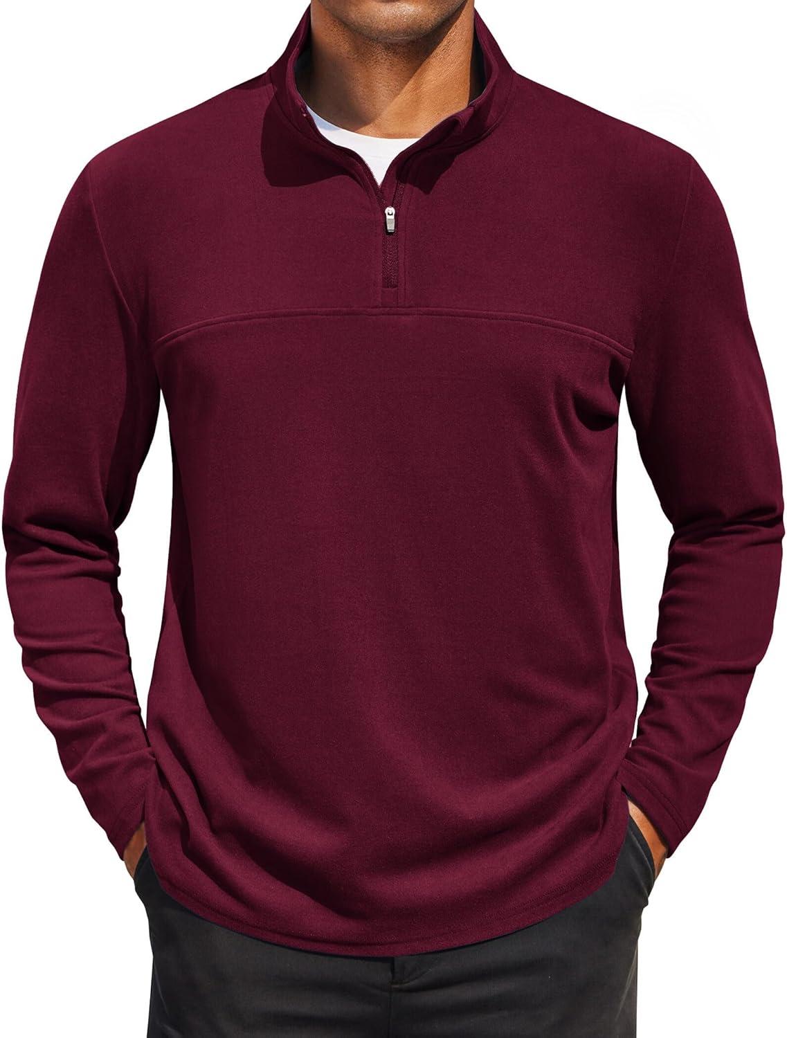 imageCOOFANDY Mens Quarter Zip Pullover Long Sleeve Mock Turtleneck Sweatshirts Thermal Workout Golf Polo ShirtWine Red