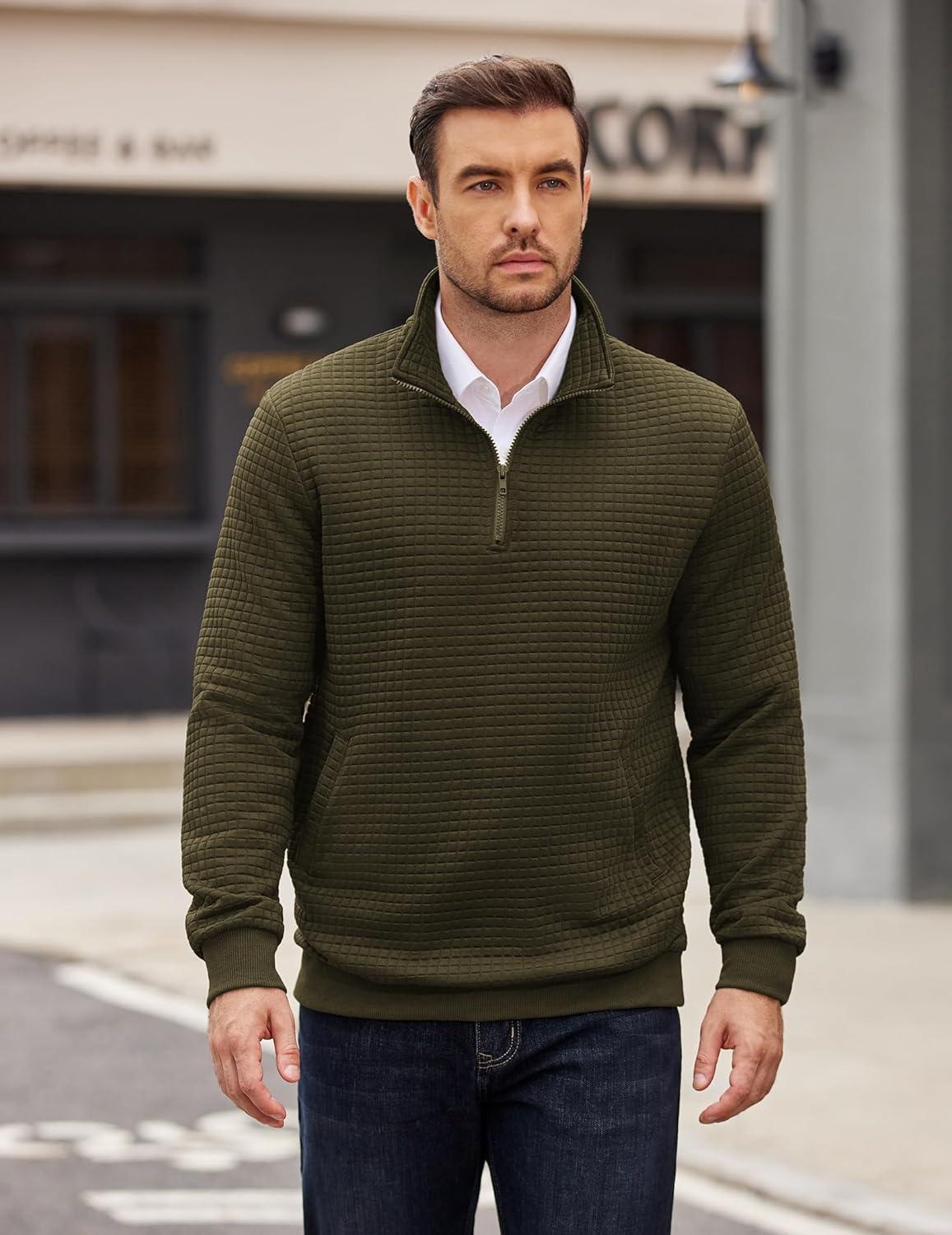 imageCOOFANDY Mens Quarter Zip Pullover Long Sleeve Waffle Quilted Sweatshirt Casual Polo Sweaters with PocketArmy Green