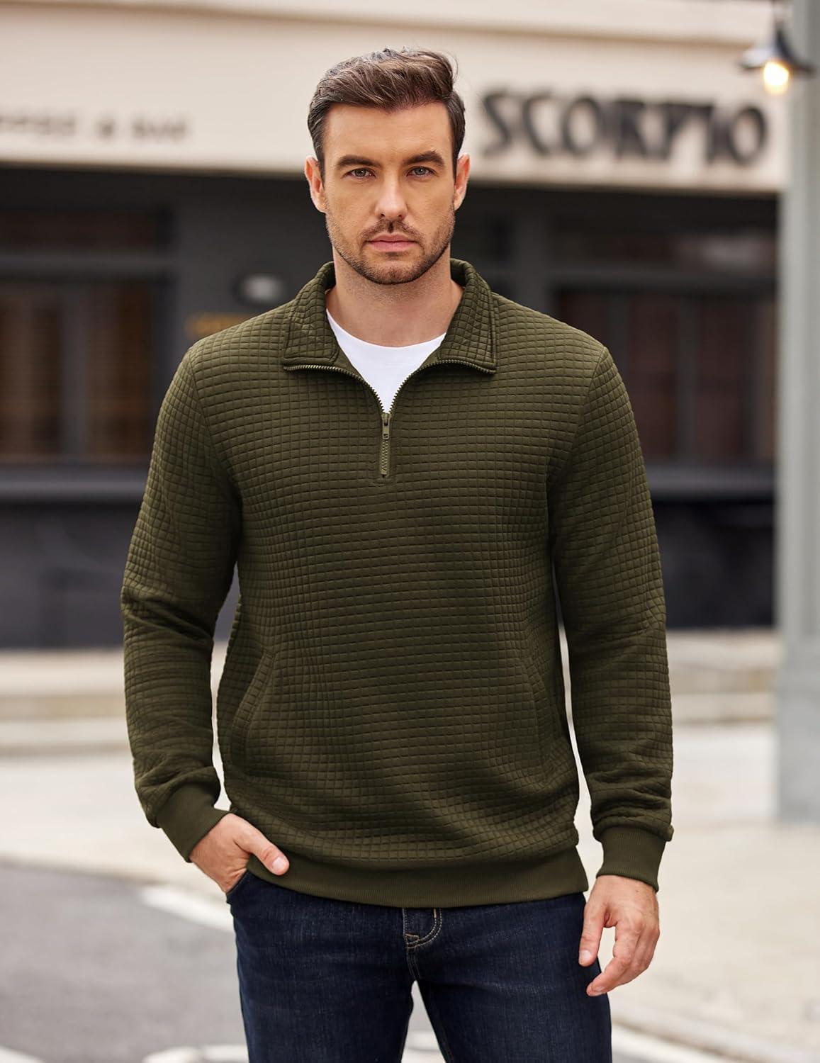 imageCOOFANDY Mens Quarter Zip Pullover Long Sleeve Waffle Quilted Sweatshirt Casual Polo Sweaters with PocketArmy Green